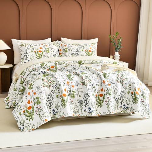 Sanracie Oversized King Quilt 120"x120",100% Cotton Floral Bedspreads California King Extra Large Yellow Flowers Green Plant Pattern Printed Floral Bedding Coverlet Lightweight 3Pcs for All Season