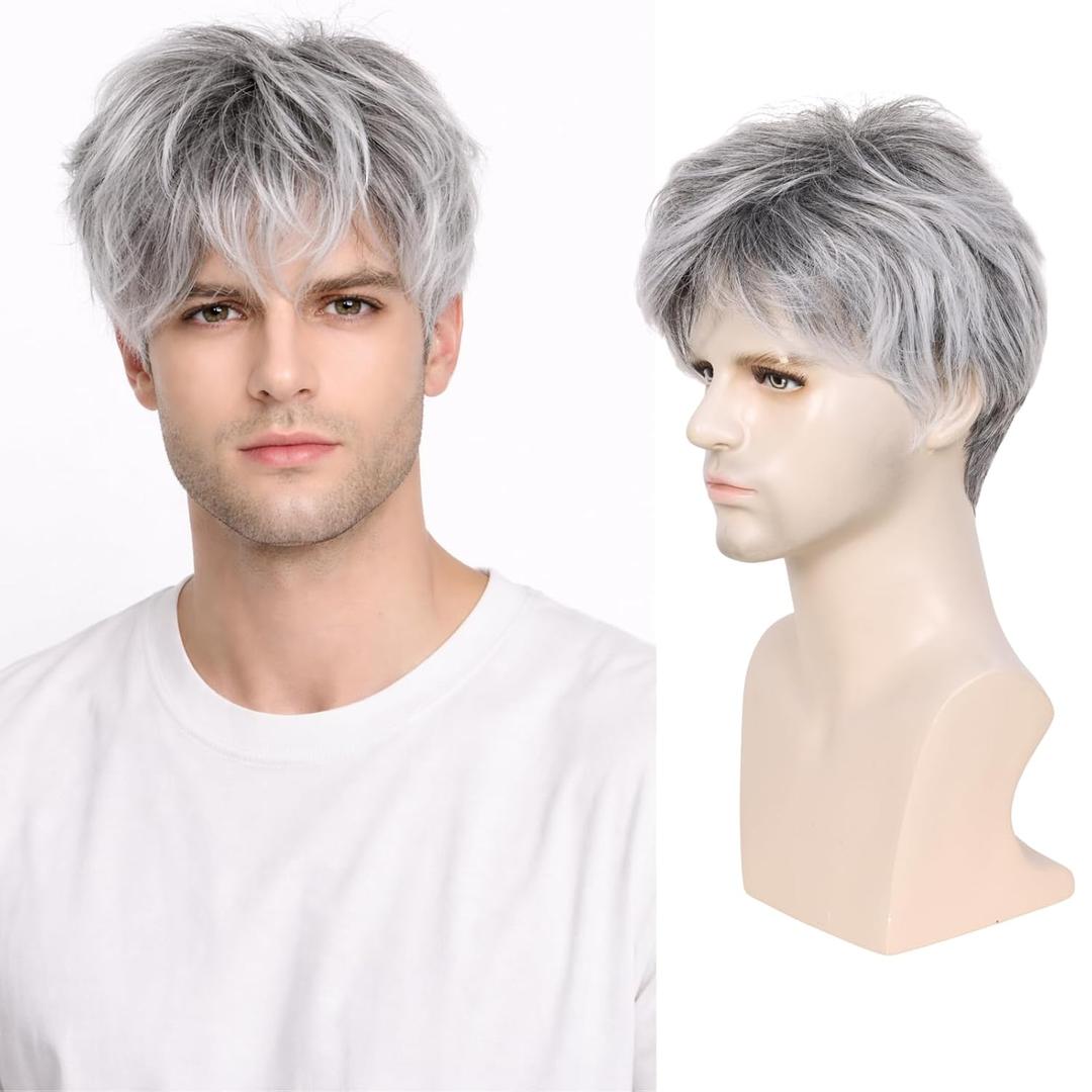 Creamily Mens Wigs Short Hair Synthetic Layered Full Wig for Men Short Grey Hair Replacement Wig Realistic Cosplay Costume Wigs with Toupee Cap
