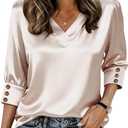 3/4 Length Sleeve Womens Tops Dressy Casual Silk Satin Blouses V Neck Business Work Shirts XXL