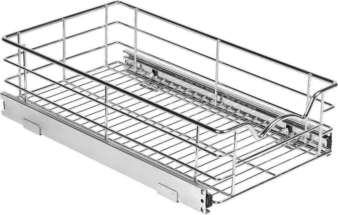 HOLDN STORAGE Heavy-Duty Premium Collection Pull Out Cabinet Organizer - Pantry Drawer Slide Out Caddy -Lifetime Limited Warranty - Basket Size 11" W x 21" D x 5" H, Anti-Rust Chrome Finish