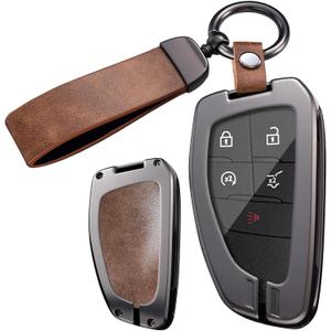 Ontto Key Fob Cover Fit for GMC Acadia 2025 Car Key Case for Hummer EV Yukon Canyon Sierra Terrain 2021-up,Metal and Leather Key Housing with Clear TPU Front Case,Brown