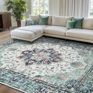 Area Rugs 8'x10' Washable Non-Slip, Floral Vintage Distress Print Pattern Medallion Carpet for Living Room Bedroom Dining Room,  Teal Green/White/Blue/Navy/Red