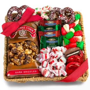 A Gift Inside Holiday Classic Chocolate, Candy & Crunch Gift Basket With Handmade Chocolates, Ghirardelli, Caramel Corn for Gourmet Christmas Food Gift, BBD: 09/25/26