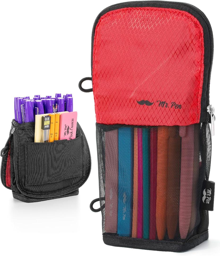 Mr. Pen- Standing Pencil Case Pouch, Sit & Lay Mesh-View Design, Black & Red, Interior Pocket & 2 Elastic Binder Loops, Cute Pencil Case for Girls and Boys