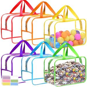 12.6 * 9.25 * 6.9 IN Extra Large Toy Storage Bags, 6 Packs Clear Colorful Waterproof Toy Organizer Bags with Labels, Dual Zippers and Portable Handheld Design, Board Game Storage for Building Blocks (Multicolored)