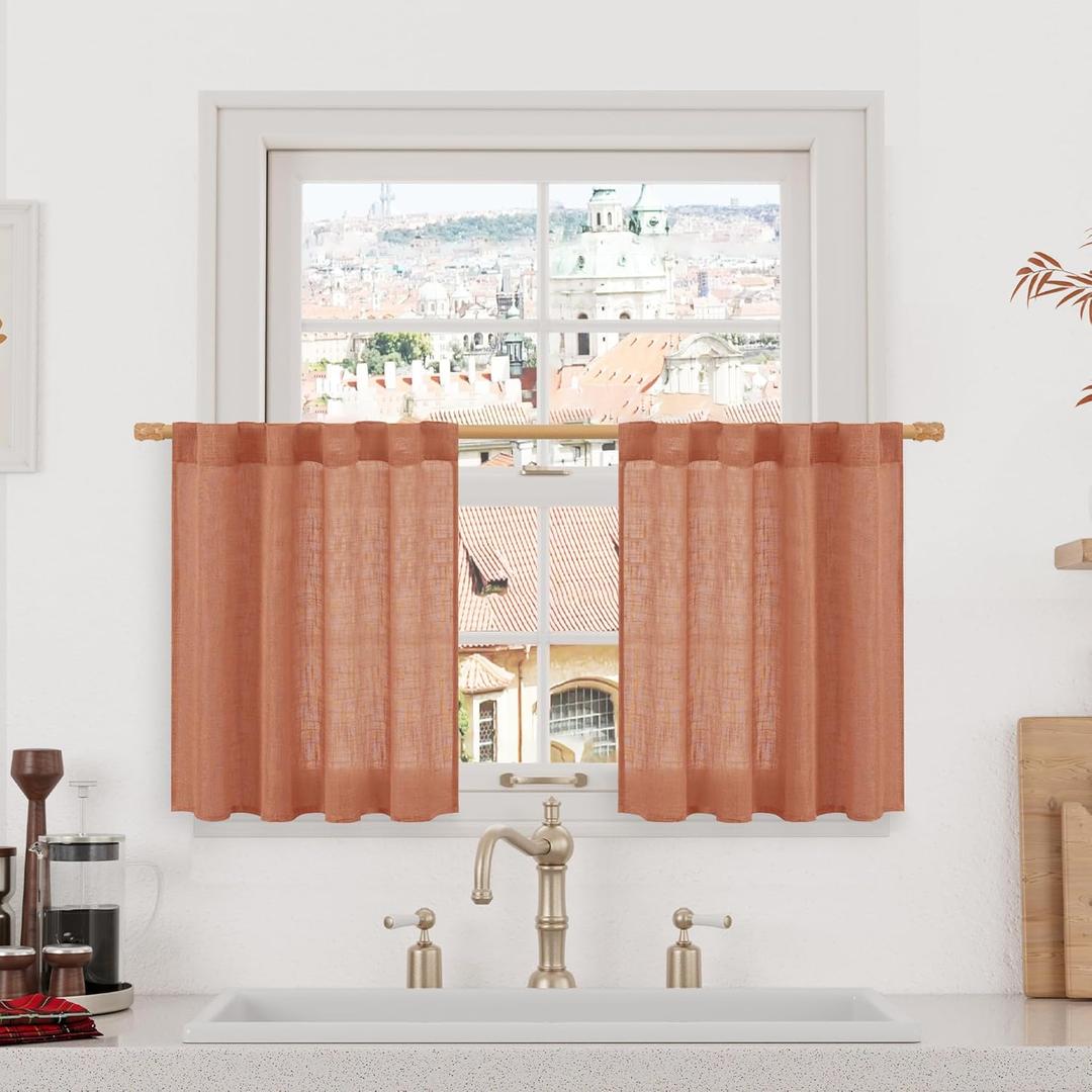 LAMIT Terracotta Semi Sheer Linen Curtains 24 Inch Long, Light Filtering Panels Back Tab and Rod Pocket Neutral Drapes for Cafe/Bathroom/Small Window, 2 Panels, 34 x 24 Inch (34"W x 24"L (Pack of 2))