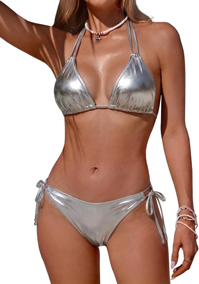 Womens Triangle Halter Metallic Gold Bikini Sets Dual Straps Side Tie Two Piece Bathing Suit Sexy String Swimsuit Swimwear (Small)