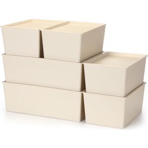 Menkxi 6 Pcs Large and Small Plastic Storage Bins with Lids 14.4 x 10.4 x 5.1 Inch Stackable Storage Containers Decorative Cubby Organizer for Clothes Shelves Garage Closet Office (White)