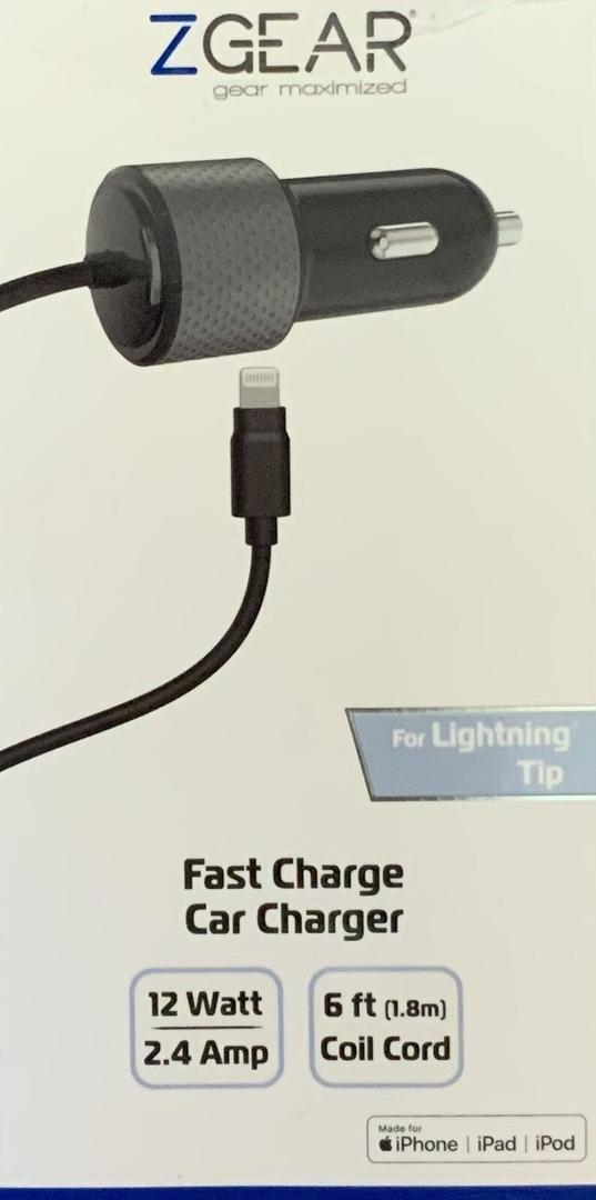 ZGEAR Fast Charge Car Charger - 12 Watt - 6 Foot Dual Output Lightning Car Charger with USB Port 