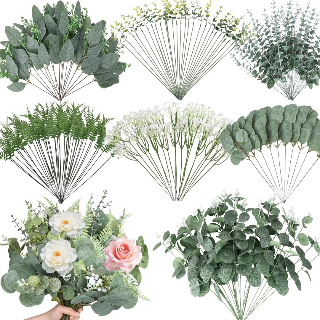 150 Pcs 7 Kinds Mixed Artificial Eucalyptus Leaves Stems Bulk, Fake Greenery Plants Faux Silver Dollar Eucalyptus Leaves for Wedding Vase Bouquet Floral Arrangement Centerpiece Home Decor