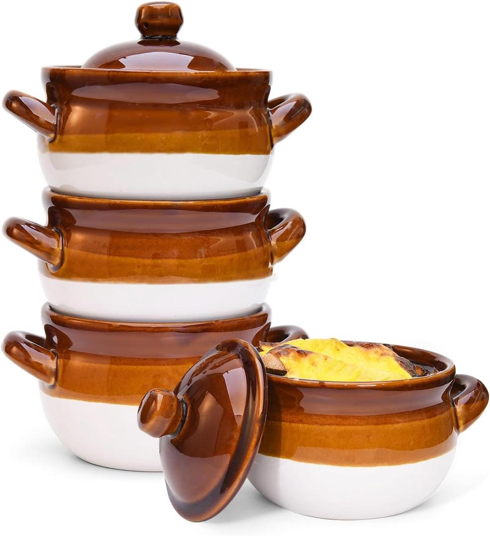 French Onion Soup Bowls with Lids and Handles, 16 oz Ceramic French Onion Soup Crocks for Chilli, Cereal, Cereal, Pot Pies, Oven, Broil & Dishwasher Safe, Set of 4
