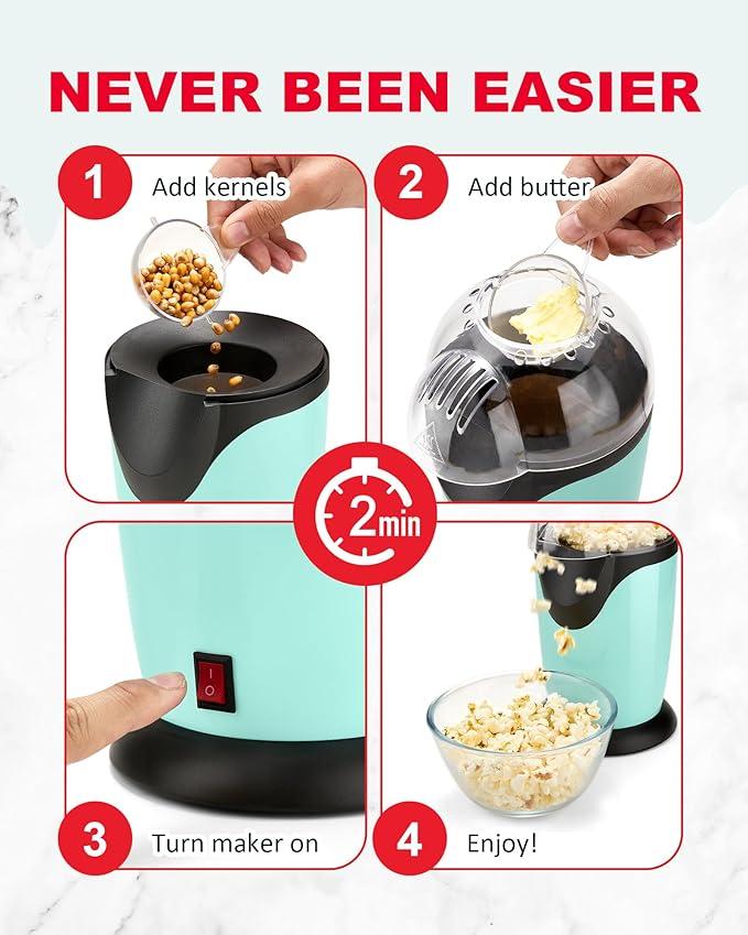 Hot Air Popcorn Maker, 16-Cup Electric Pop Corn Popper machine with Measuring Cup & Butter Melter, Fast Popping & Oil-Free, BPA-Free kitchen appliances for Home Movie Nights & Parties - Aqua