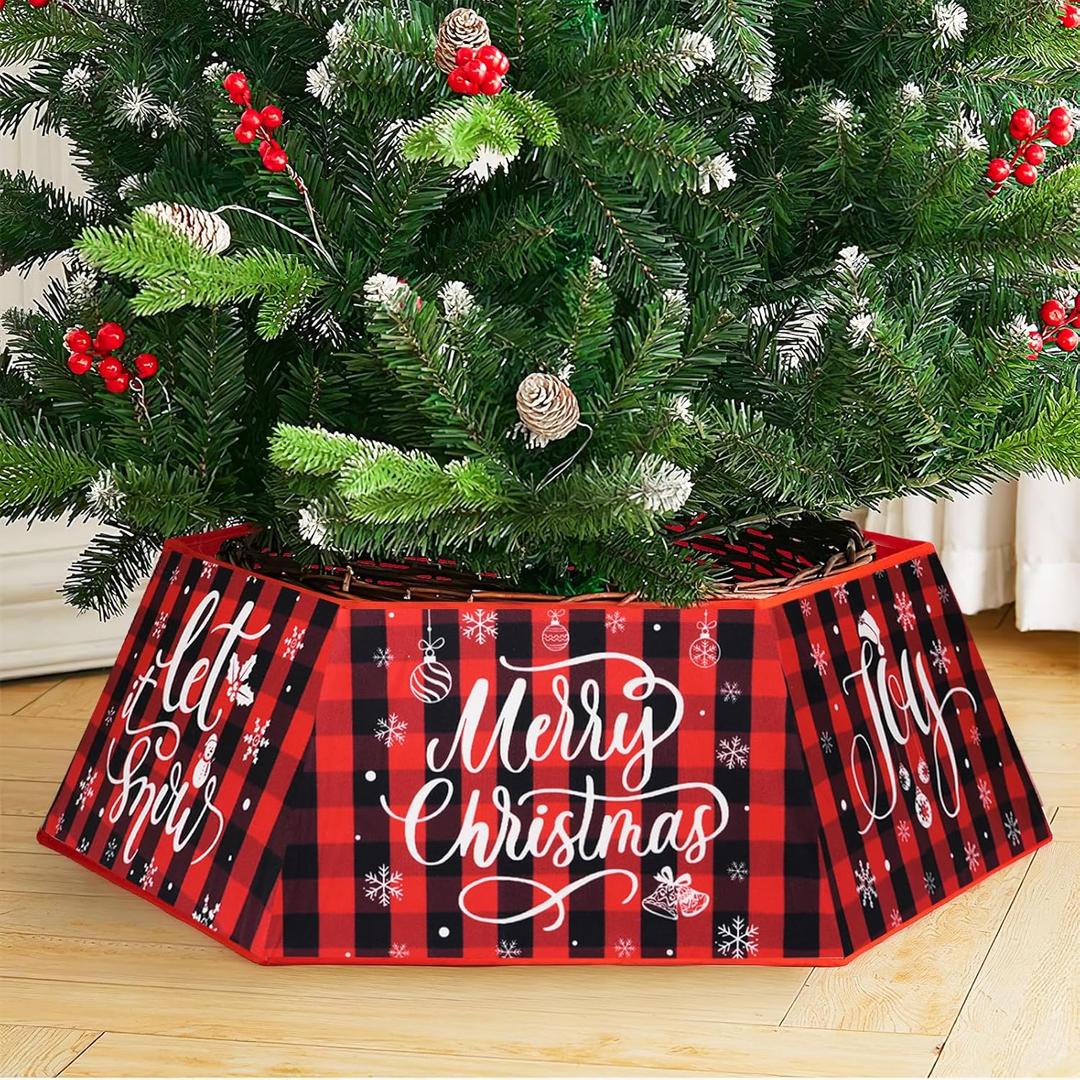 Christmas Tree Collar Buffalo Plaid, Christmas Tree Base Cover, Fabric Hexagon Tree Base Skirt with Six Patterns, Christmas Tree Base Bottom Stand Cover with 31In Diameter for Tree Decoration (Joy)