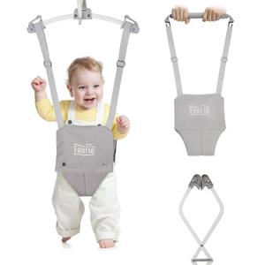 FUNLIO 2 in 1 Baby Door Jumper with Door Clamp, Baby Walking Harness for 6-24 Months, Infant Jumper Doorway with Strong Spring & Adjustable Strap, Easy to Assemble & Store - Grey