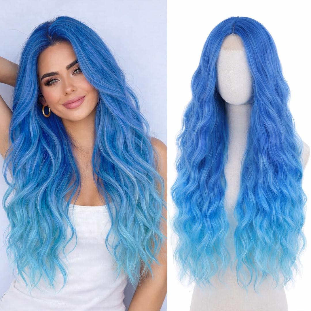 WECAN Long Blue Wig for Women Ombre Blue Wavy Synthetic Wig 28 Inch Water Wave Cosplay Wig Heat Resistant Fiber Wig for Halloween Party