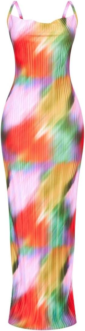 Cowl Neck Dress Sexy Strap Shoulder Pleated Maxi Dresses Summer Wedding Guest Dresses for Women (Large, Rainbow)