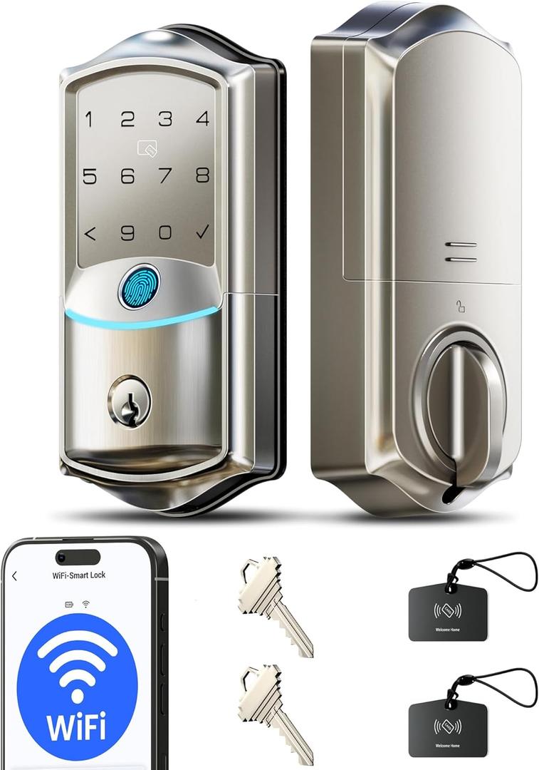 Veise VE027 Built-in Wi-Fi Smart Lock, Fingerprint Keyless Entry Front Door Lock, App Remote & Voice Control, No Hub Needed, Touchscreen Keypad Deadbolt, IP65 Waterproof, BHMA Grade 3, Satin Nickel