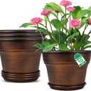 Fodetyff 10 Inch Planters Plant Pots Indoor Outdoor, 4 Pack Plastic Flower Pot for Indoor Plants with Drainage Holes & Trays, Resin Decorative Container Sets with Saucer for House Garden Copper