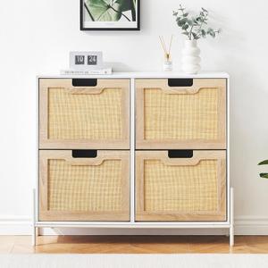 4 Flip Drawers Shoe Storage Cabinet, Rattan Shoe Organizer with Metal Legs, Freestanding Narrow Shoe Rack Cabinet for Entryway, White