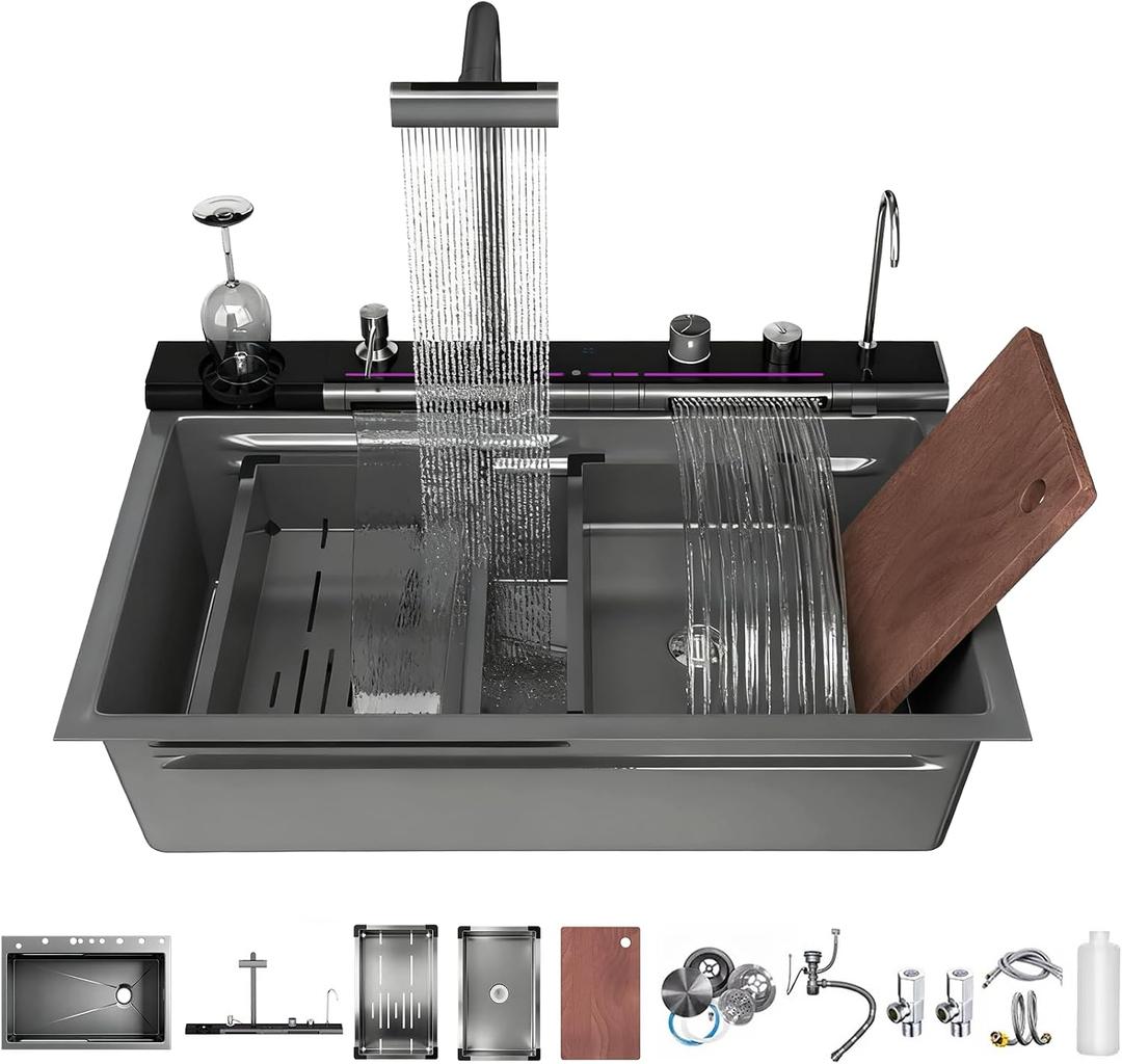 33x22 Inch 304 Stainless Steel Kitchen Sink with Pull-Out Swivel Faucet, Water Purification, Soap Dispenser Smart Digital Features, Single Bowl Double Waterfall Design, 33.518.18.66inch