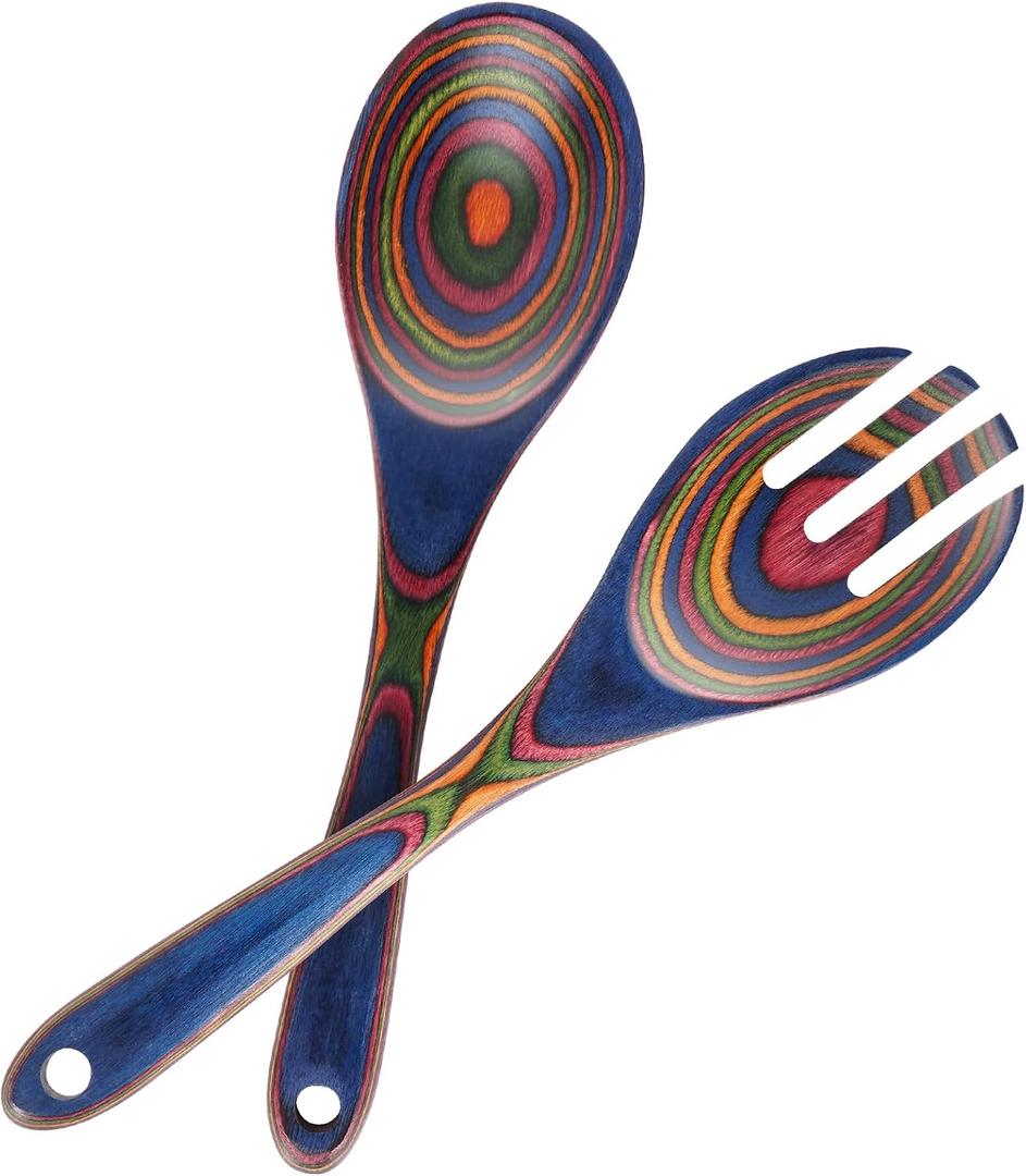 MYRAINBOW Salad Tongs, Wooden Spoons, Pakkawood Salad Tongs for Serving, 10-inch Serving Utensils Set Salad Servers Set Kitchen Cooking Utensil (rainbow gradient style)