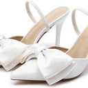 CAMSSOO Slingback Kitten Heels for Women Suede Stiletto High Heeled Mules Bow Pointed Toe Pumps Wedding Party Dress Shoes White Size 9