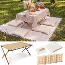 8 Pcs 34" x 23" Low Picnic Table Foldable Lightweight Picnic Table Set with 91'' x 71'' Large Outdoor Boho Camping Blanket Tablecover and Runner 4 Pillows Cushions for Camping Wedding Beach Party