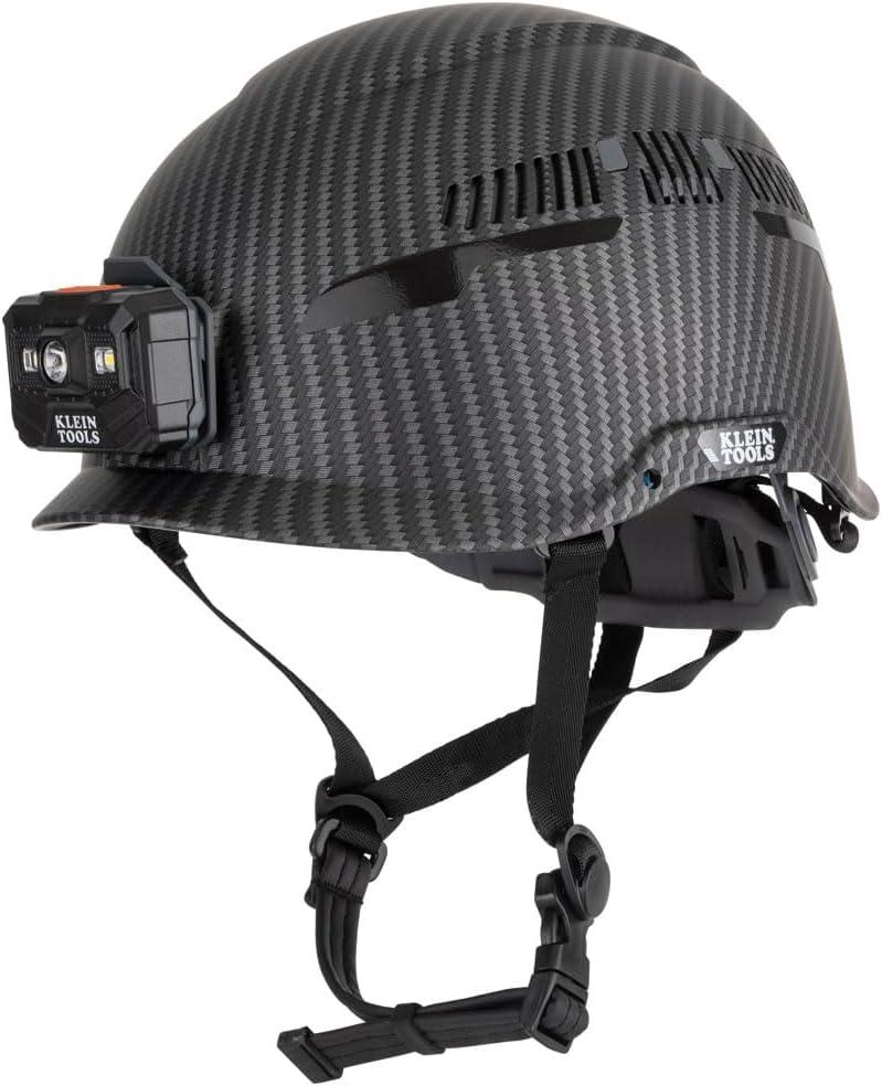Klein Tools 60517 Safety Helmet, Vented Class C with Rechargeable Lamp and Chin Strap, Premium KARBN Pattern, Adjustable Vents, Large