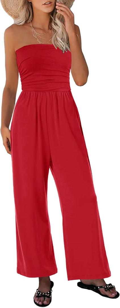 Womens Tube Top Jumpsuits Strapless Belted Wide Leg Bustier Jumpsuit Backless Baggy Long Pants Rompers with Pockets (Medium, Red)