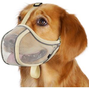 Mayerzon Dog Muzzle to Prevent Biting Scavenging Chewing, Soft Mesh Puppy Muzzles for Small Medium Sized Dogs, Breathable Reflective Adjustable Mouth Guard for Grooming Walking Training (S, Khaki) (S-(Snout Cir 8.5"-9.5"))