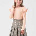 Girls Teen Clothes, Fall Winter Outfits Long Sleeve Ruffle Sleeve Top and Pleated Plaid Mini Skirt Set Size 7-14Y (Pink)