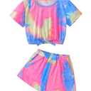 Noubeau Girls Summer Tie-Dye Outfits Elastic Drawstring T-Shirt Crop Top and Elastic Waist Shorts Set with Side PocketsPink- Blue,13-14 Years