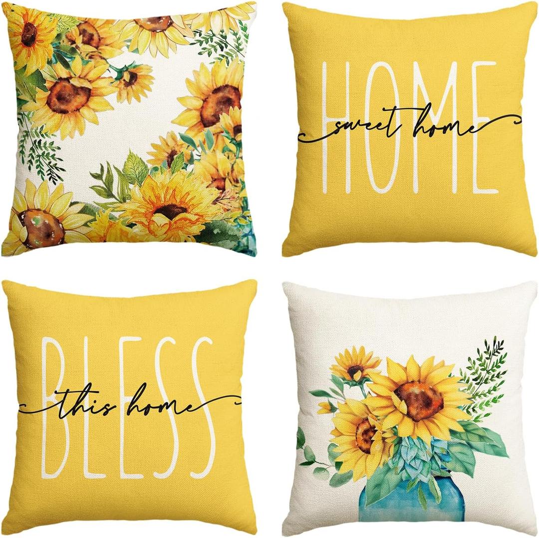 AVOIN colorlife Home Sweet Home Sunflower Yellow Throw Pillow Covers, 16x16 Inch Summer Seasonal Decorations Set of 4