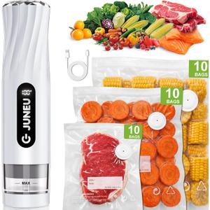 JUNEU Handheld Vacuum Sealer for Food + 30 Reusable Bags, Dry & Moist Food Compatible, Liquid Ingress Protection, Visible Water Tank, Rechargeable Food Saver for Kitchen Sous Vide, Meal Prep, Meat