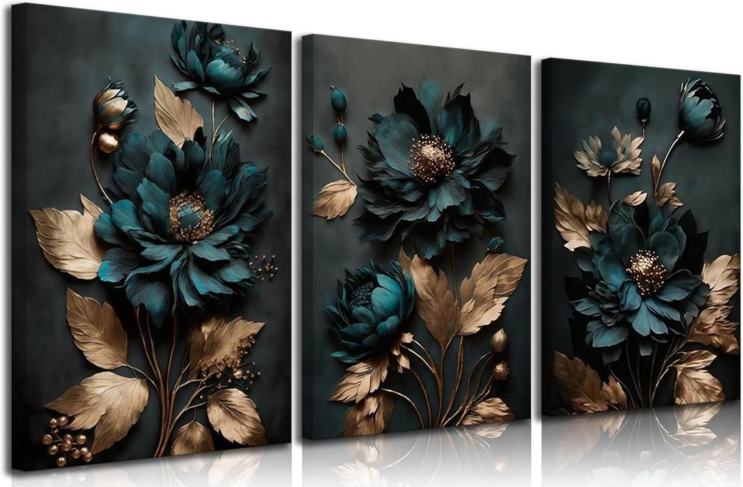 3pcs Dark Green And Gold Flower Canvas Wall Art Elegant Bloom Flowers Pictures Wall Decor Modern Abstract Plant Posters Prints Paintings for Living Room Bedroom Bathroom Decoration