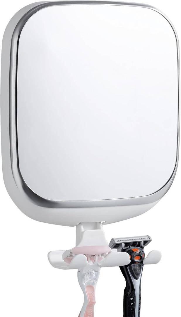 TAILI Shower Mirror Fogless for Shaving, Anti Fog Shaving Mirror with Razor Holder NO-Drilling,Removable,Shatterproof & Waterproof,Wall Mounted Bathroom Accessories with Powerful Suction(White) (10.3"L x 7.1"W)