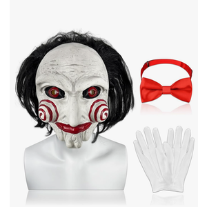 Adult Halloween Horror Mask Movie Full Head Latex Mask with Red Bow Tie and Gloves for Cosplay Props