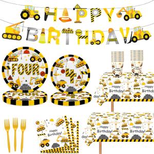 118 Pcs Construction 4th Birthday Decor Construction Four Years Old Paper Dinner Plates Napkins Forks Cups Tablecloth Banner Dinnerware for Dump Truck Theme Fourth Bday Party Supplies Decorations