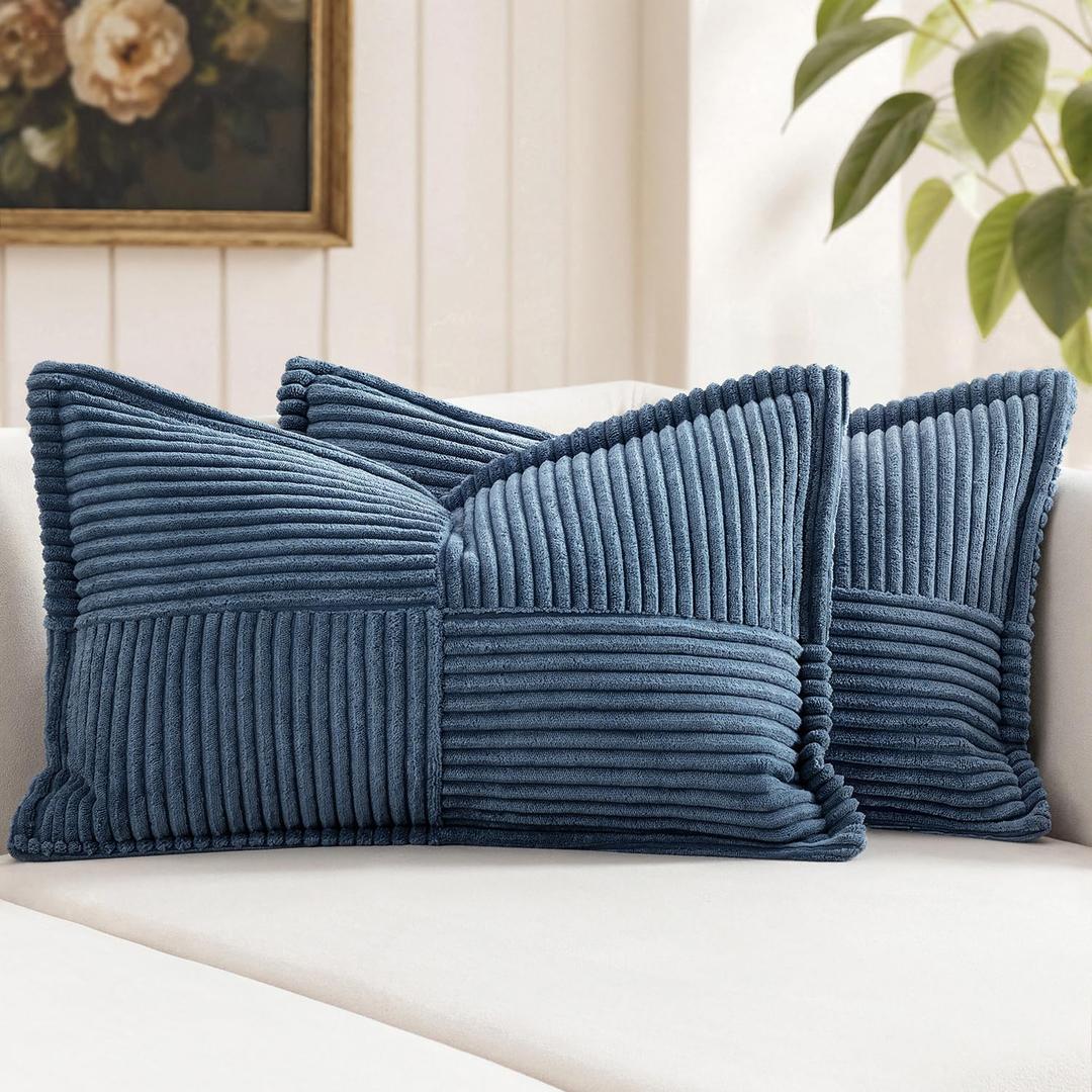 MIULEE Decorative Lumbar Throw Pillow Covers for Couch Bed Livingroom 12x24 Inch Set of 2 Blue Boho Accent Throw Pillows Broadside Striped Patchwork Soft Corduroy Summer Coastal Pillowcases