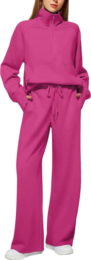 Casly Lamiit Women's 2 Piece Outfits Lounge Set 2025 Oversized Half Zip Sweatshirt Wide Leg Sweatpant Set Sweatsuit Tracksuit (Large)
