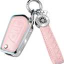 RUABIBAN Compatible with Toyota Key Fob Cover with Keychain, Pink Genuine Leather Crystal Key Case Protection Shell for Fortuner Tundra Camry RAV4 Highlander Corolla 3 Buttons Key