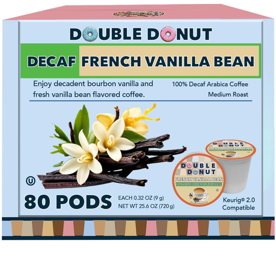 Double Donut Coffee Decaf French Vanilla Coffee Pods, Medium Roast Single Serve French Vanilla Bean Decaf Flavored Coffee Pods For Keurig K Cup Brewers, 80 Count (EXP FEB172027)