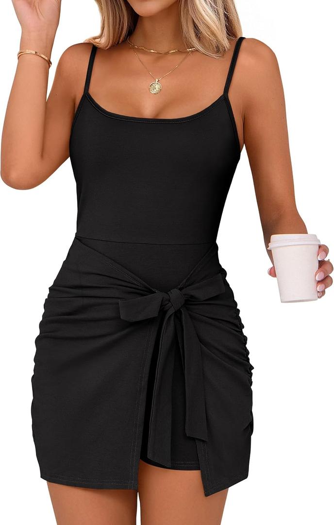 Caracilia Womens Summer Mini Dresses,Spaghetti Strap Tie Waist Bodycon Dress,Built in Shorts,Casual Romper for Beach Vacation, Black, Large