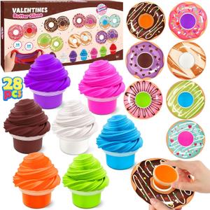 SURCVIO 28 Pack Valentines Day Gifts for Kids, Butter Slime with Greeting Card Stress Relief Fidget Toy for Kids Classroom Valentine's Gifts Exchange
