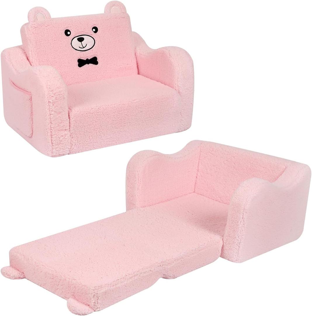 Sherpa Teddy Bear Kids Sofa, Soft Foam Couch with Plush Cover, Cozy Play Lounge Chair, Pink