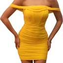xxxiticat Women's Off Shoulder Ruched Mesh Dress Sleeveless Mesh Sheer Club Party Shapewear Bodycon Corset Mini Dresses(YE, XS) Yellow