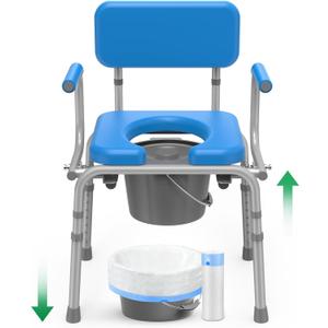 Drop Arm Bedside Commode with Linners, Commode with Padded Seat and Backrest, 500lbs Capacity, 5.81QT Removable Bin, Adjustable Height Portable Toilet for Adults, Blue