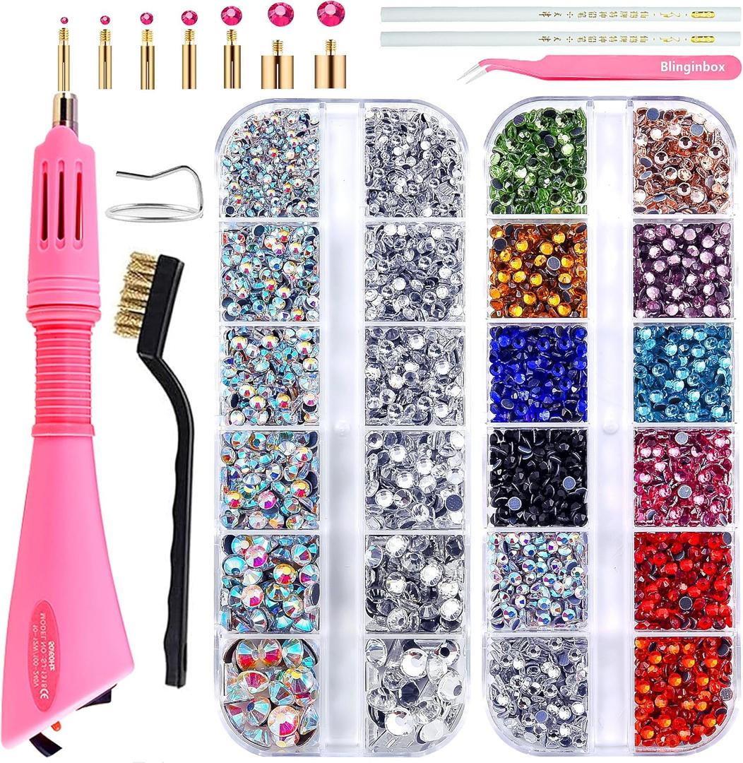 Blinginbox Hotfix Rhinestone Setter, Hot Fix Applicator Tool Bedazzler Kit with Rhinestones, Kit, Hot Fixed Wand for Clothes Clothing Fabric Crafts, 4000 Pcs, AB Crystal, Clear,7 Gems Sizes (Pink)