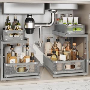 2 Pack 15.5IN-Depth Under Sink Organizer With Next-Gen Ball-Bearing Slides,2-Tier Precision Mesh Pull Out Cabinet Storage for Bathroom&Kitchen,Height Adjustable Drawers Shelf,Anti-rust-Grey