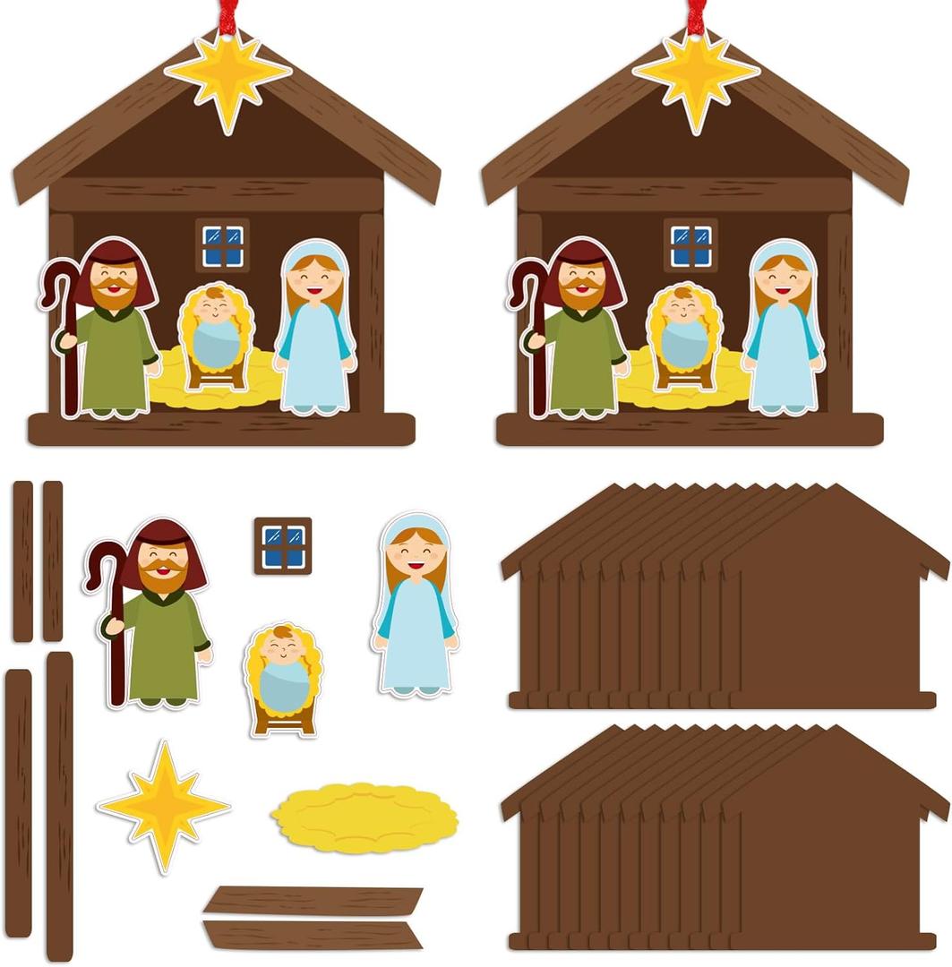 Shappy 24 Sets Make a Nativity Scene Stickers Ornament Craft for Kids Religious Christmas Craft Kits Bulk DIY Christian Nativity Foam Stickers Hanging Decor for Holiday Christmas Tree Party Favor